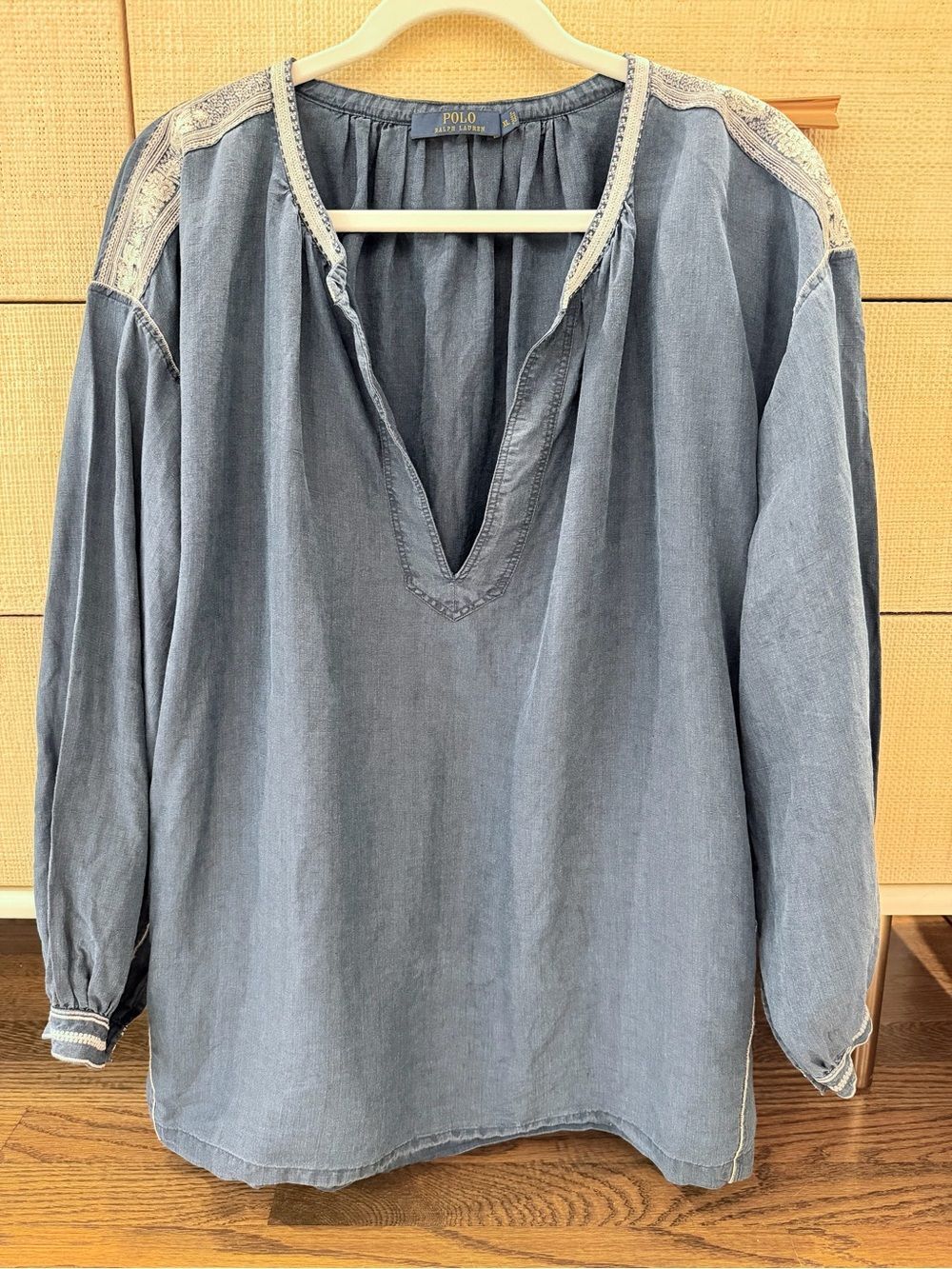 Polo Ralph Lauren women’s Linen Silk blue bohemian detailed top XL